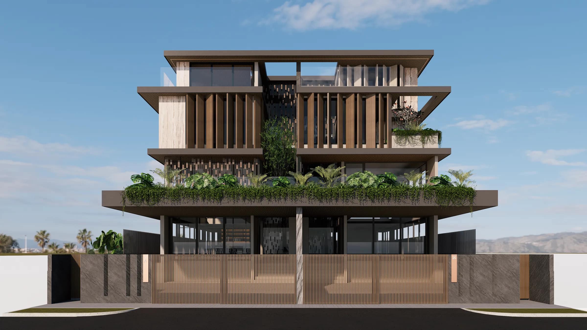Lakme Street from the road: two semi-detached houses behind timber screens and planted terraces.